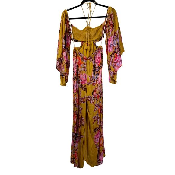 FREE PEOPLE Jumpsuit XS‎ Falling Flowers Off Shoulder Wide Leg Boho Flowy Sleeve - Picture 3 of 15